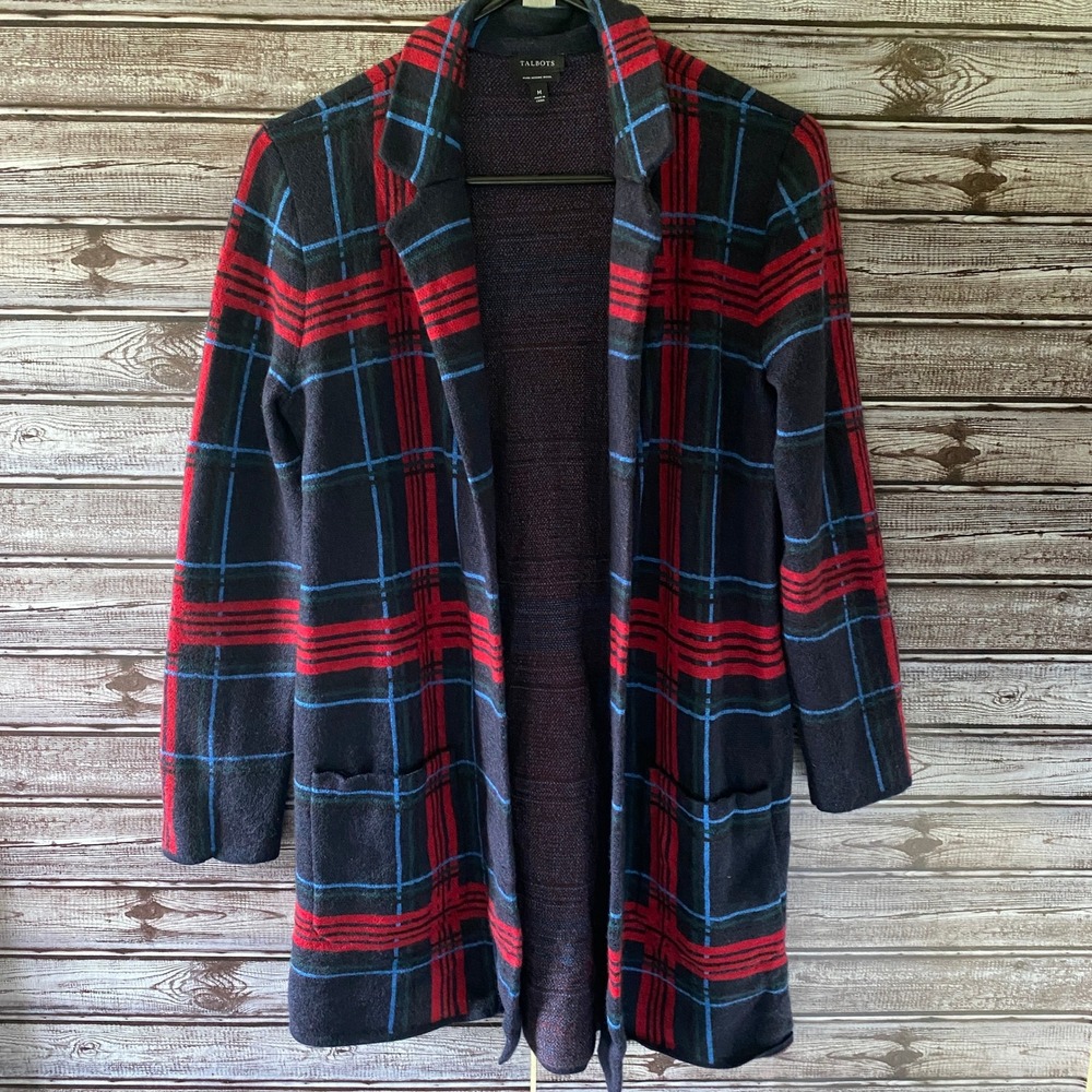 Talbots‎ Women's Long-Sleeved Open-Front Sweater Size M Pure Merino Wool Plaid